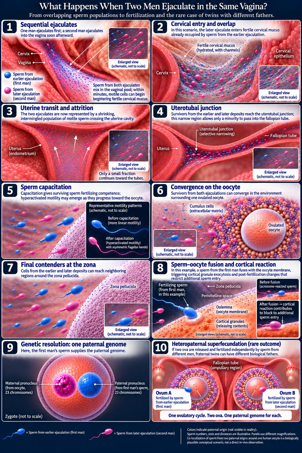 Scientific infographic tracing sperm from two paternal origins through cervical entry, uterine transit, capacitation, oocyte convergence, fertilization, and heteropaternal superfecundation.